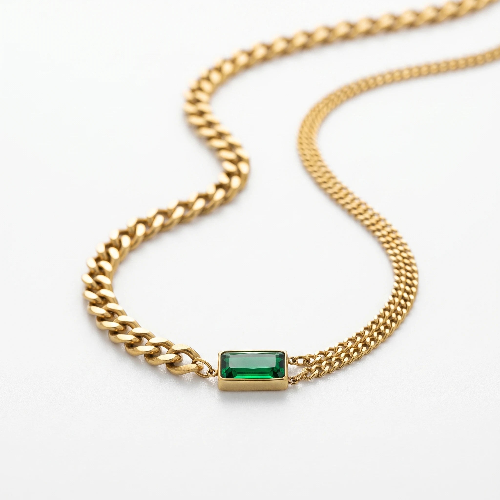 QIAOREN 13473 Two Tone Chain Emerald Rectangle Pendant Necklace, Chunky Curb & Thin Paperclip Link Mixed Neck Jewelry Gift