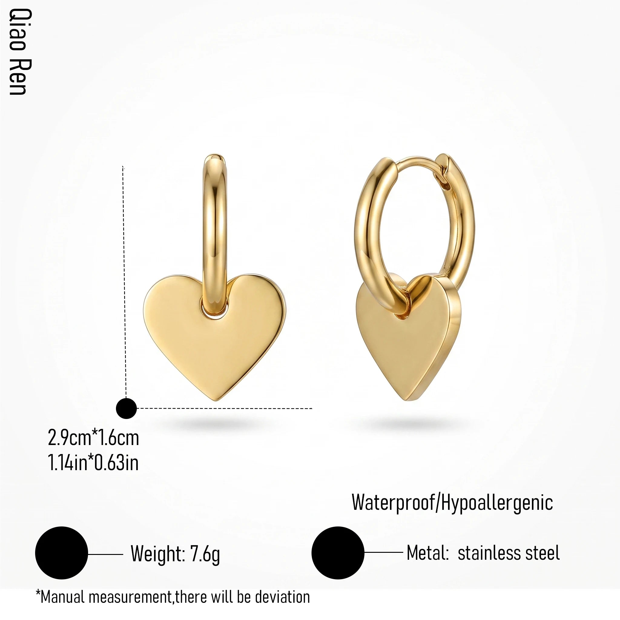 QIAOREN 14427 Heart Charm Huggie Hoop Earrings, Gold Plated Stainless Steel Small Hoop Earrings Jewelry Gift for Daily Outfits