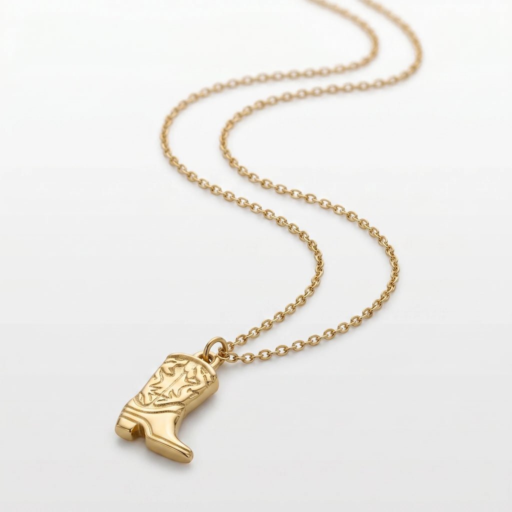 QIAOREN 11745 Edgy Cowboy Boot Pendant Necklace 18K Gold Stainless Steel Minimalist Western Style