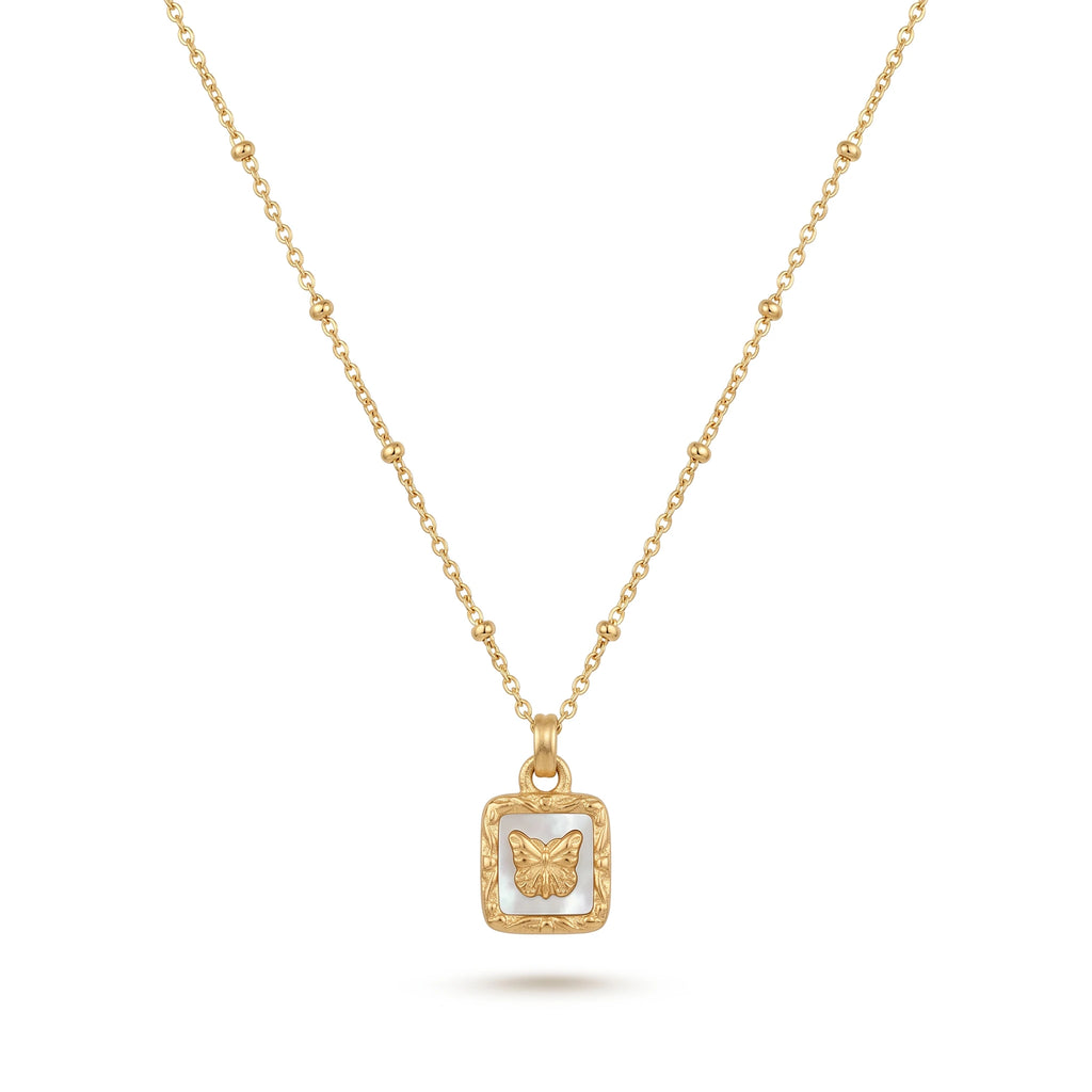 QIAOREN 13478 Vintage Square White Shell Butterfly Pendant Necklace with Beaded Ball Chain, Dainty Gold Neck Jewelry Gift