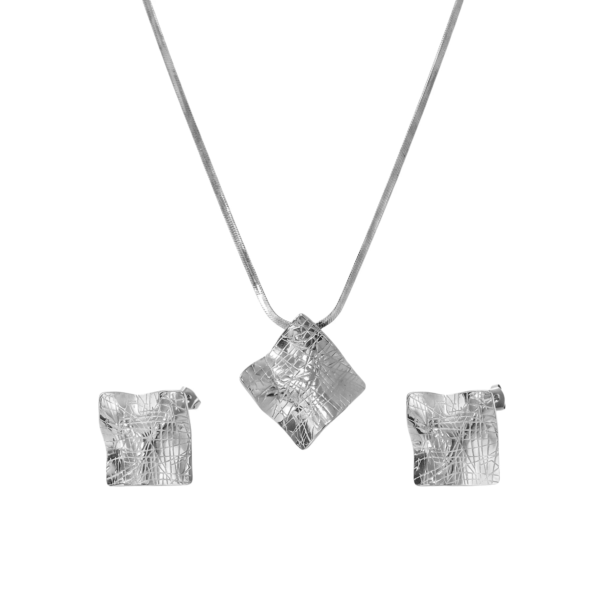 QIAOREN 11521 18K Gold Plated Stainless Steel Square Pendant Necklace Earrings Waterproof Tarnish Free Adjustable Women Jewelry