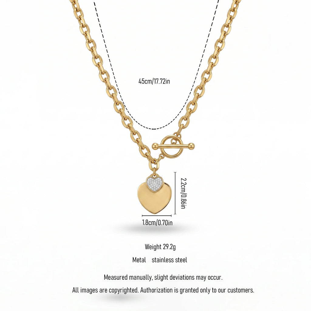 QIAOREN 13539 Chunky Oval Link Heart Necklace, Two-tone Solid & Paved Zircon Love Charms Gold Necklace