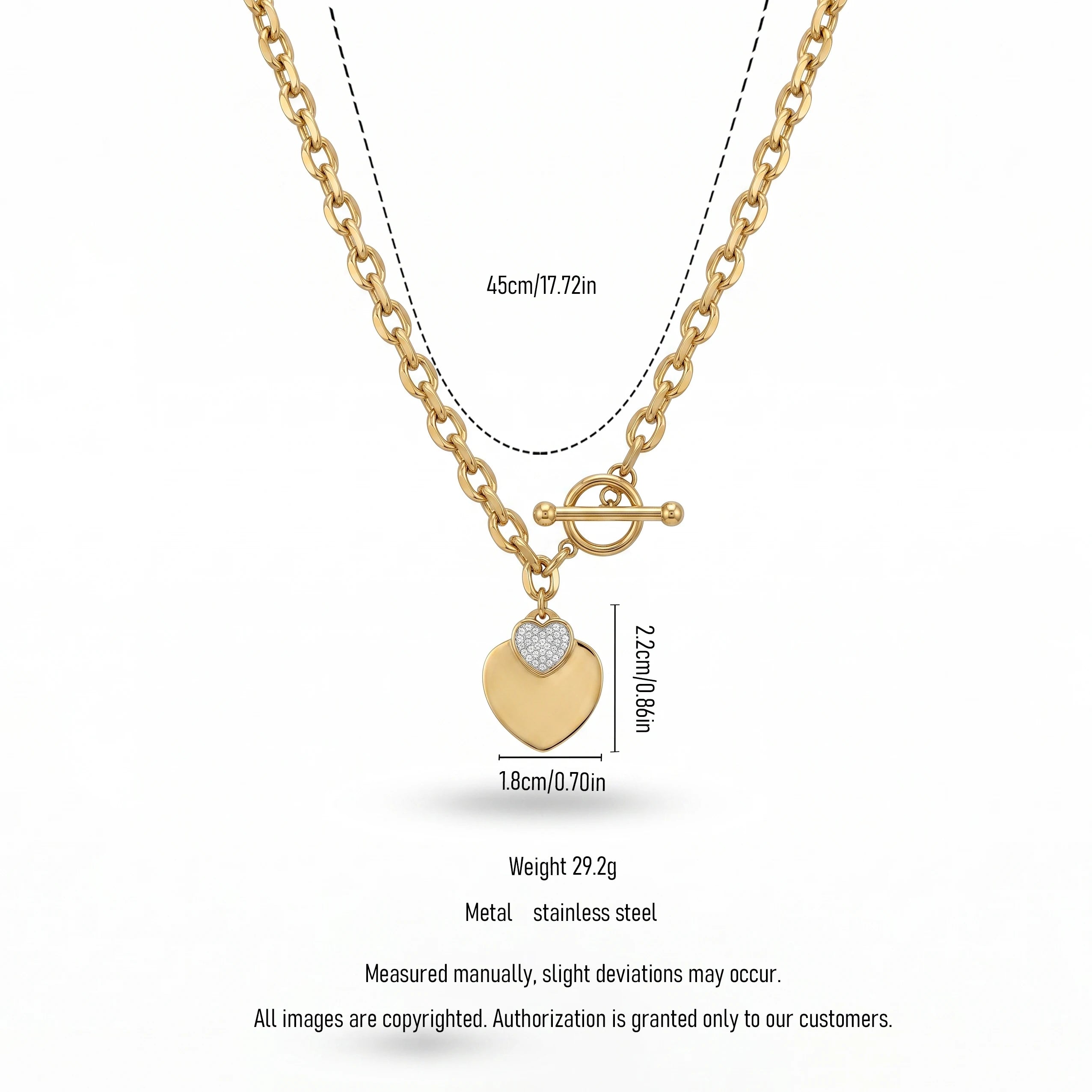 QIAOREN 13539 Chunky Oval Link Heart Necklace, Two-tone Solid & Paved Zircon Love Charms Gold Necklace