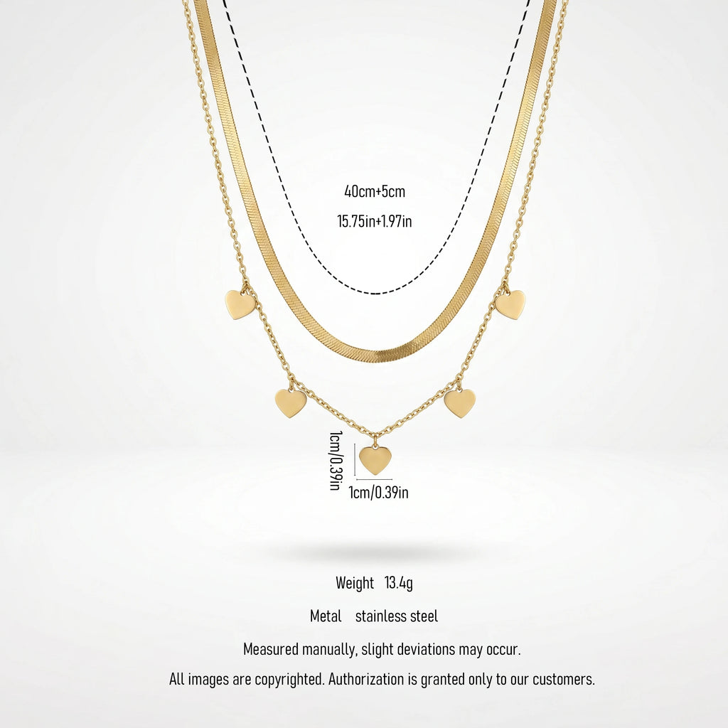 QIAOREN 11645 Stainless Steel Gold Double Layer Necklace Herringbone Chain Tiny Heart Charms Adjustable Women Jewelry Gift