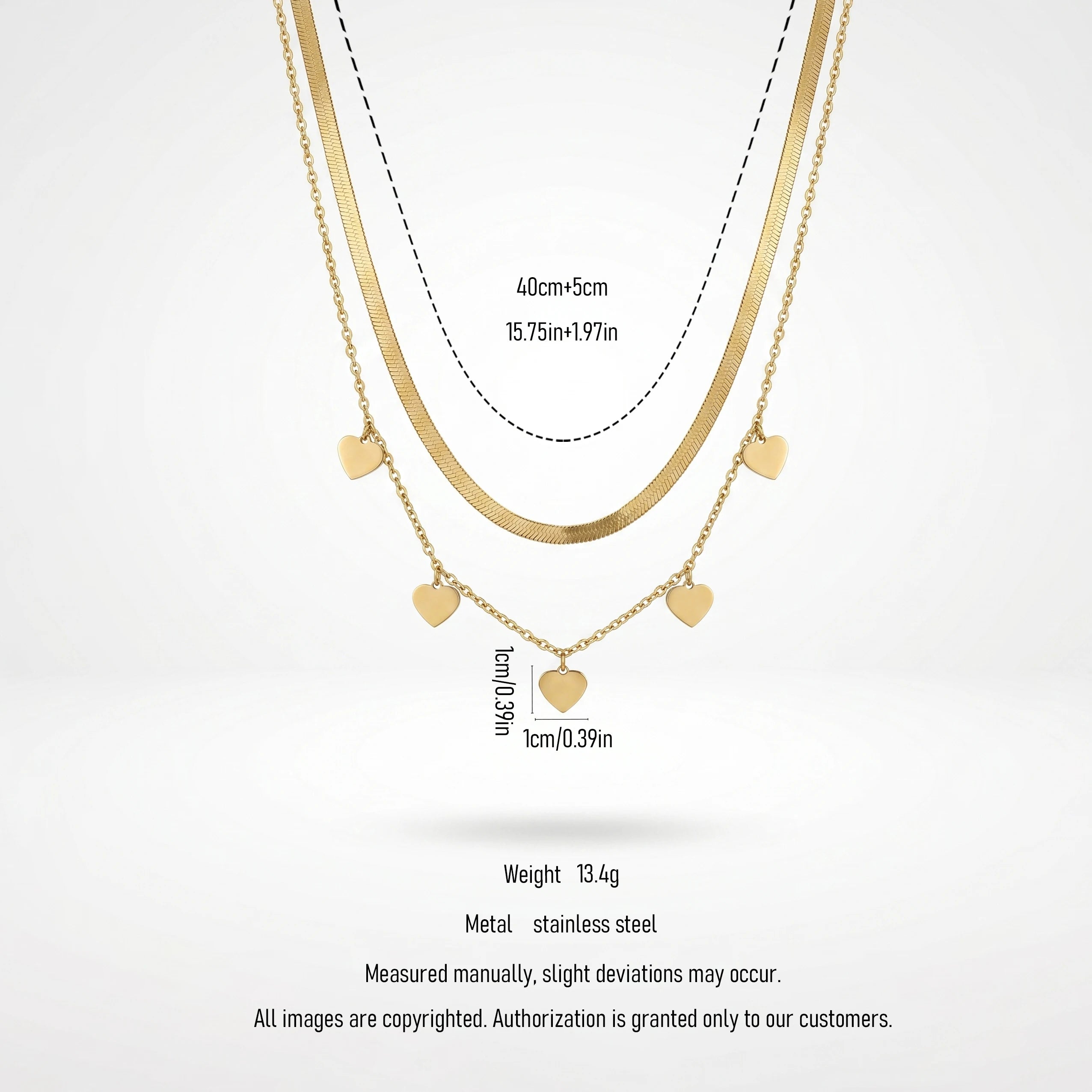 QIAOREN 11645 Stainless Steel Gold Double Layer Necklace Herringbone Chain Tiny Heart Charms Adjustable Women Jewelry Gift