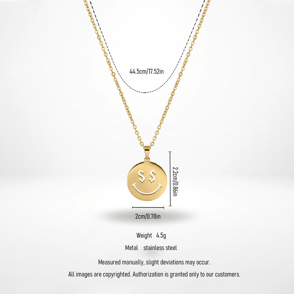 QIAOREN 11782 Ins Trendy Money Eyes Smiley Face Stainless Steel Necklace Gold Round Disc Pendant Accessory for American European