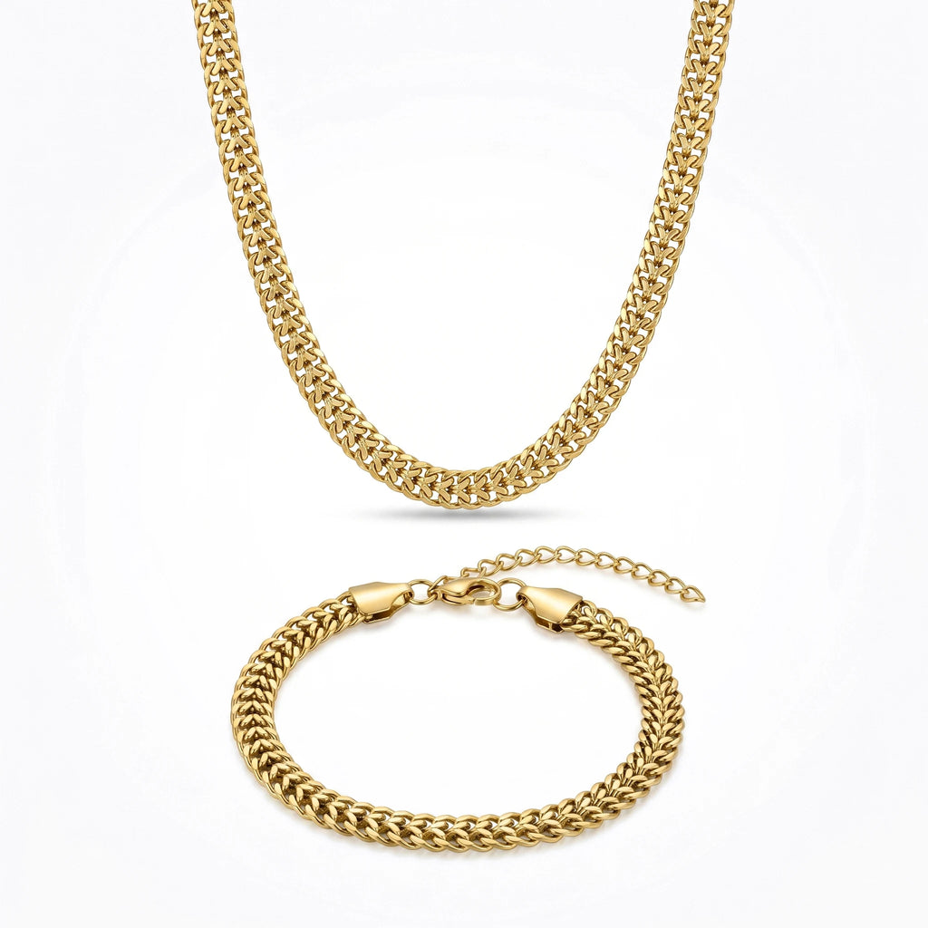 QIAOREN 11490 18K Gold Plated Thick Cuban Chain Necklace Bracelet Set Stainless Steel Tarnish Free Waterproof