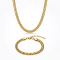 QIAOREN 11490 18K Gold Plated Thick Cuban Chain Necklace Bracelet Set Stainless Steel Tarnish Free Waterproof