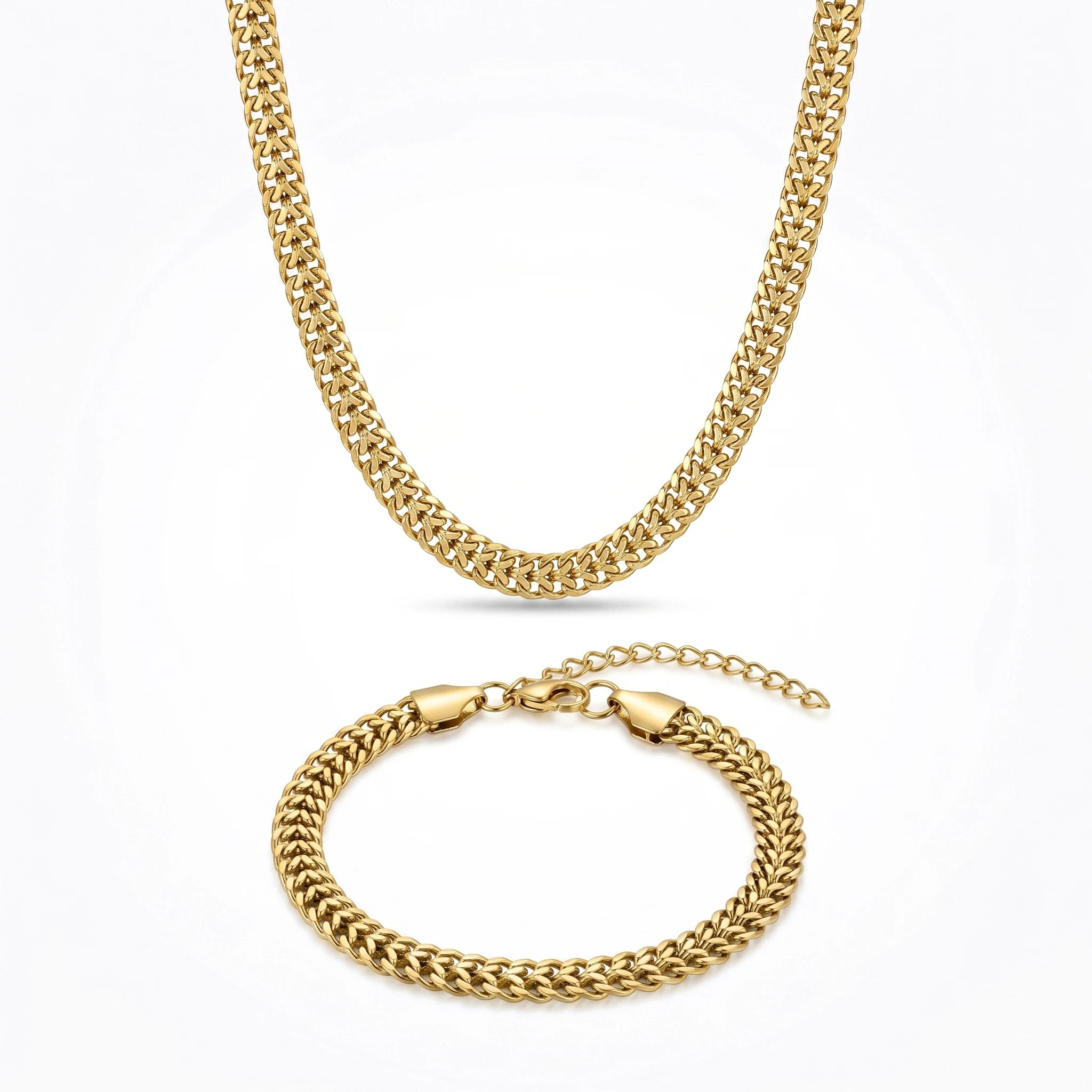 QIAOREN 11490 18K Gold Plated Thick Cuban Chain Necklace Bracelet Set Stainless Steel Tarnish Free Waterproof