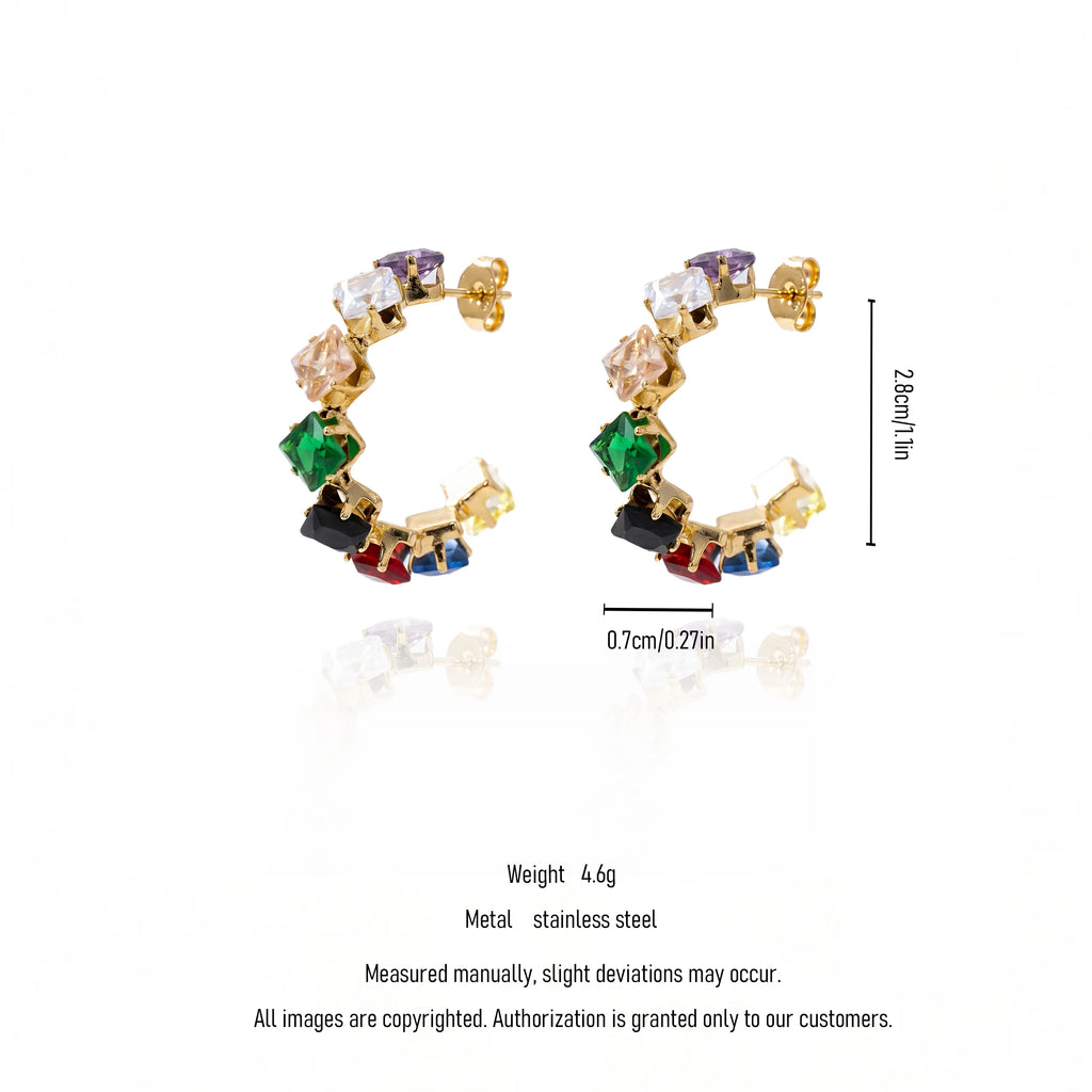 QIAOREN 12208-16  Gold Plated Stainless Steel Rainbow Square CZ Huggie Hoop Earrings
