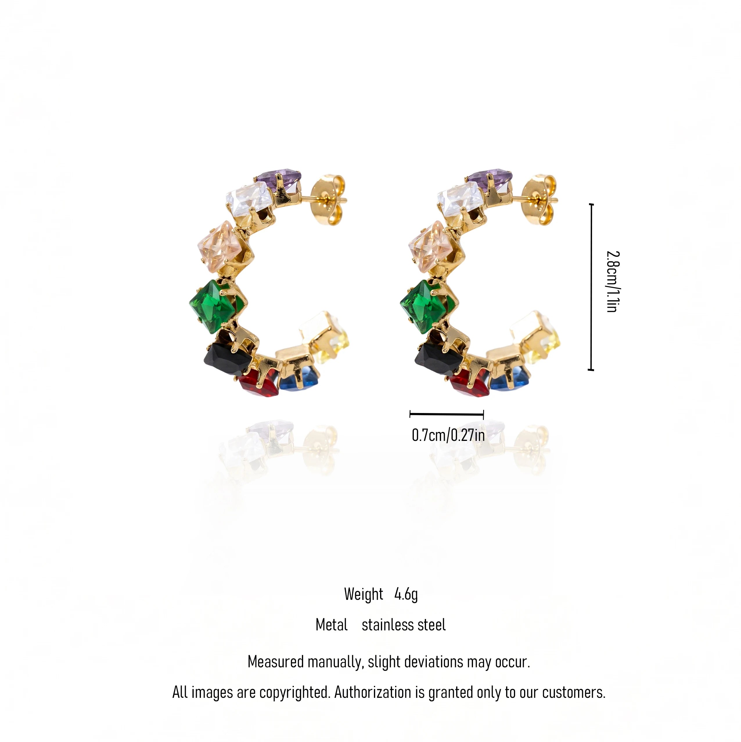 QIAOREN 12208-16  Gold Plated Stainless Steel Rainbow Square CZ Huggie Hoop Earrings