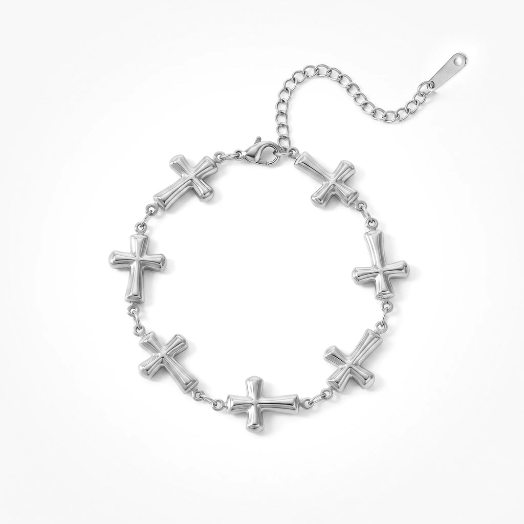 QIAOREN12057 18K Gold Plated Stainless Steel Puffy Cross Link Bracelet Adjustable  Chain Religious Trend Jewelry for US EU Women