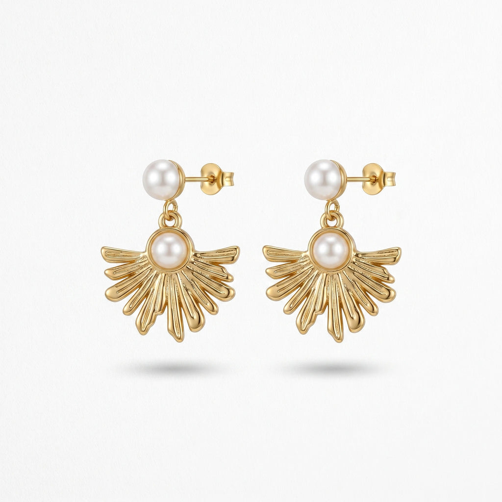 QIAOREN 13218  Gold Plated Pearl Shell Drop Earrings for Women Stainless Steel Sunburst Statement Fashion Jewelry