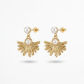 QIAOREN 13218  Gold Plated Pearl Shell Drop Earrings for Women Stainless Steel Sunburst Statement Fashion Jewelry
