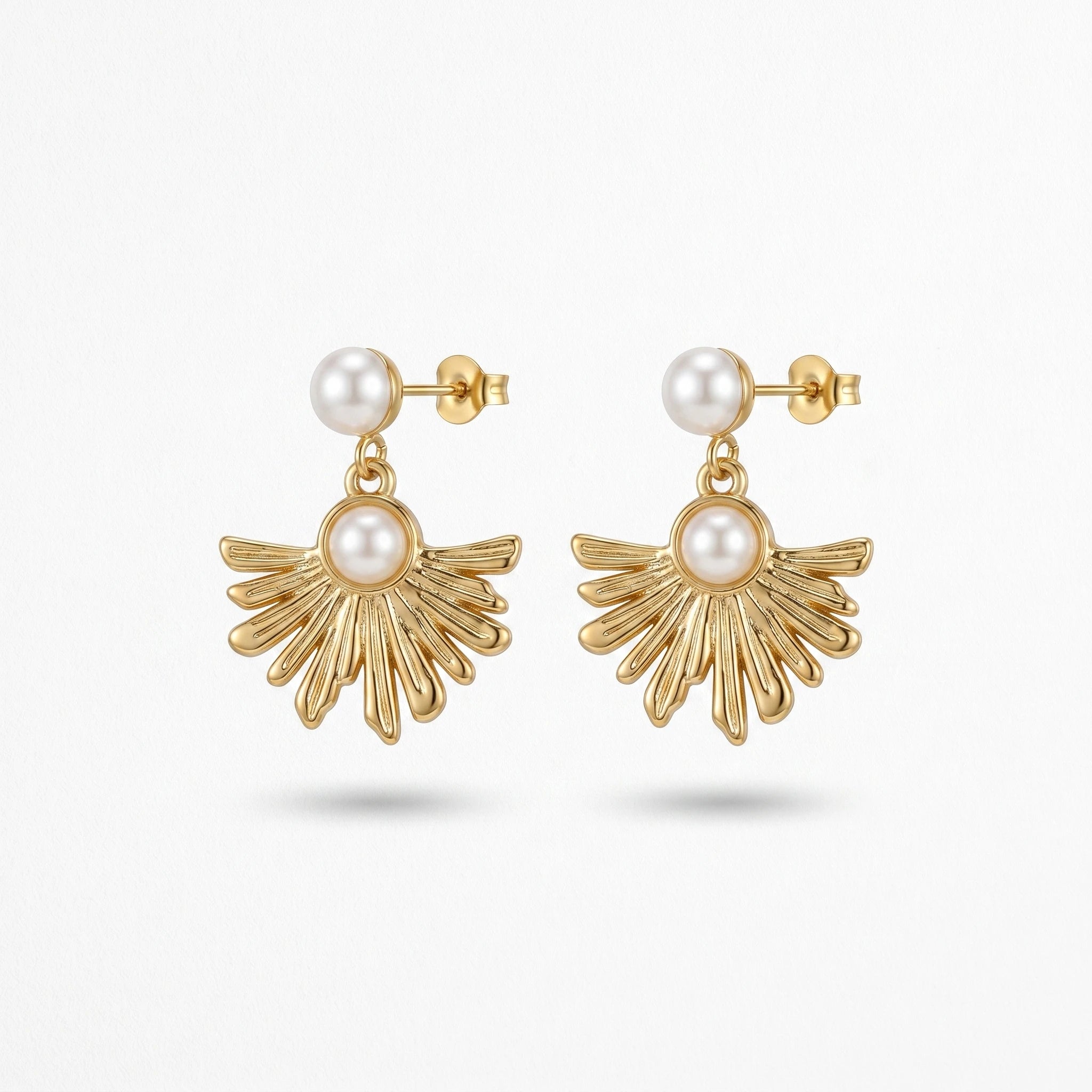 QIAOREN 13218  Gold Plated Pearl Shell Drop Earrings for Women Stainless Steel Sunburst Statement Fashion Jewelry