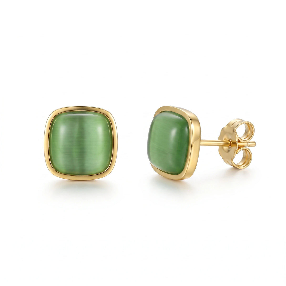 QIAOREN 13705-08 Square Cat Eye Stone Stud Earring Set, Multi Color Pink Blue Green White Smooth Cabochon Gem Gold Jewelry