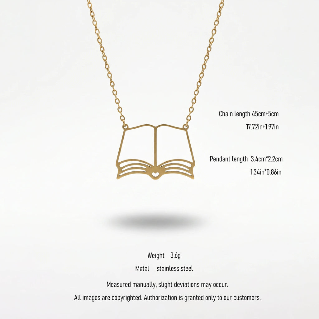 QIAOREN 10806 Hypoallergenic Gold Plated Stainless Steel Open Book Charm Necklace Unisex Dainty Trendy Everyday Bookish Jewelry