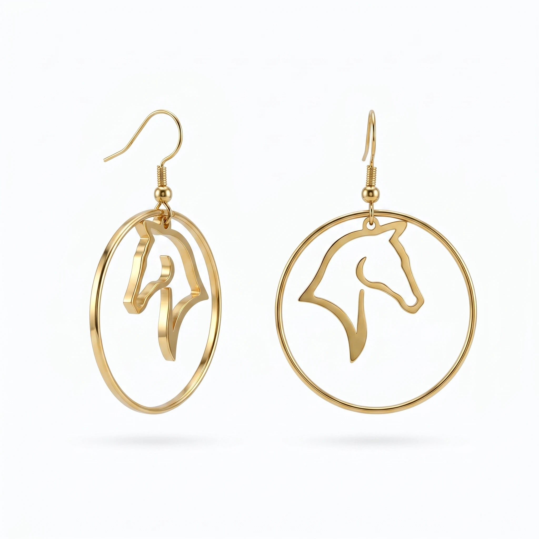 QIAOREN 10847 Hypoallergenic Stainless Steel Horse Head Earrings, Gold Plated Waterproof Drop Hoops for Equestrians
