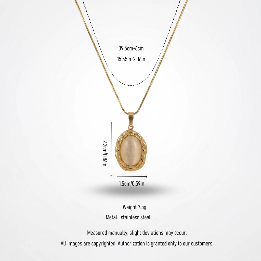 QIAOREN 13801 Thin Snake Chain Pendant Necklace with Irregular Bezel Frame Oval Cat Eye Stone Charm