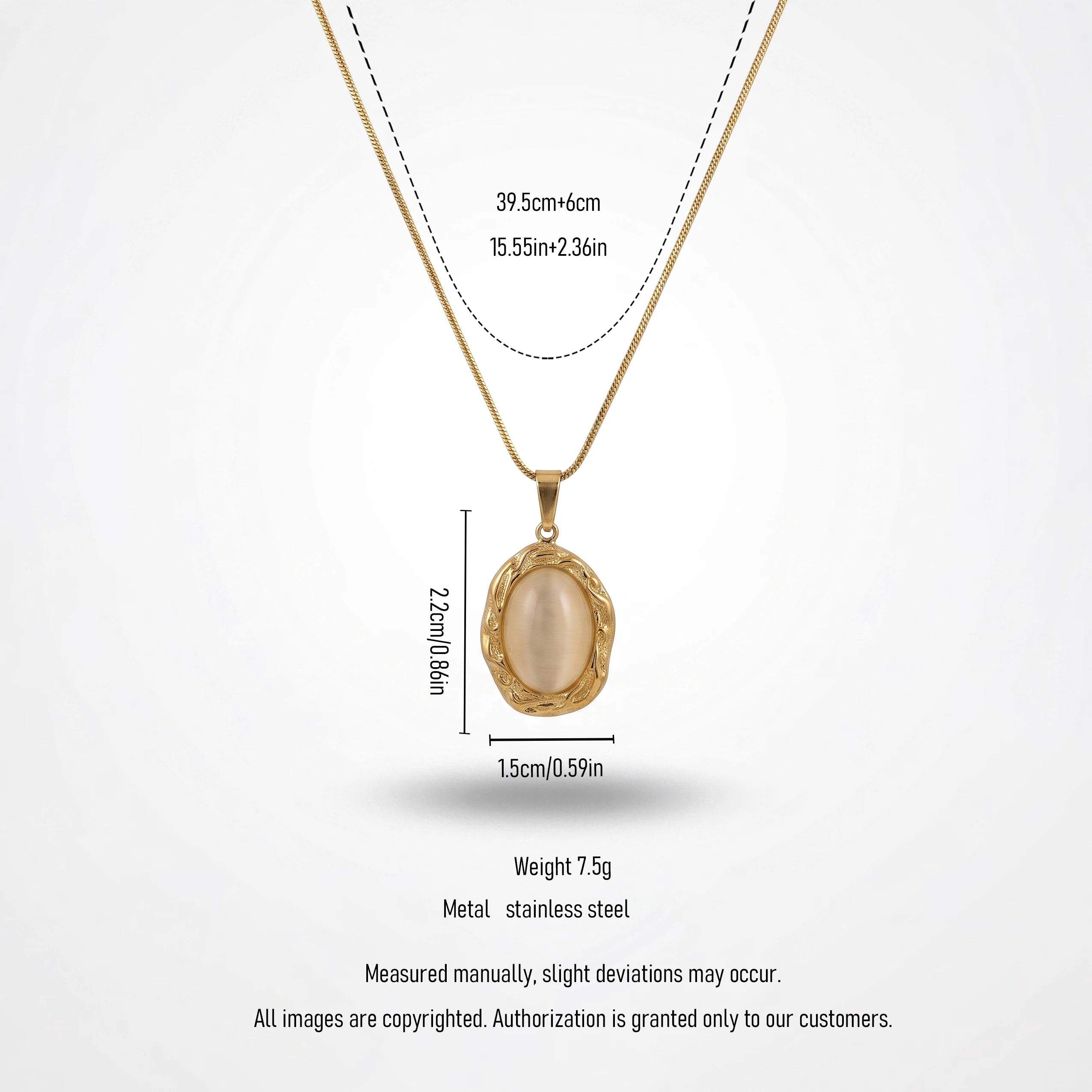QIAOREN 13801 Thin Snake Chain Pendant Necklace with Irregular Bezel Frame Oval Cat Eye Stone Charm