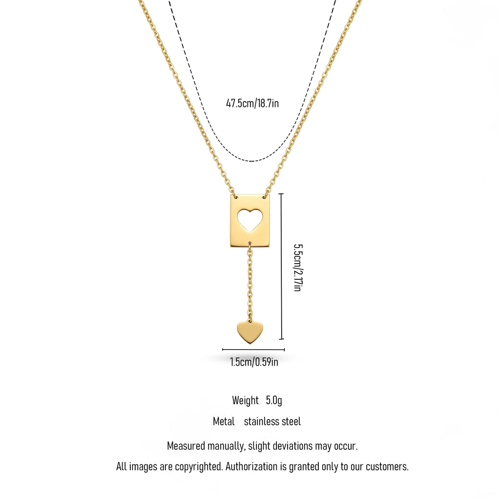 QIAOREN 11839 18K Gold Plated Stainless Steel Anti-Tarnish Hypoallergenic Hollow Heart Rectangle Lariat Y-Necklace Heart Pendant