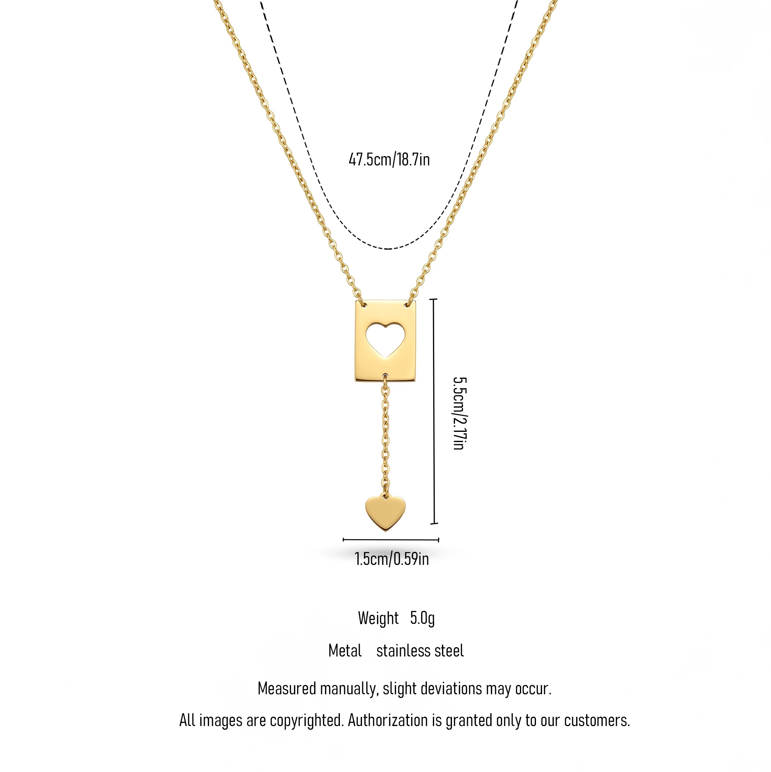 QIAOREN 11839 18K Gold Plated Stainless Steel Anti-Tarnish Hypoallergenic Hollow Heart Rectangle Lariat Y-Necklace Heart Pendant