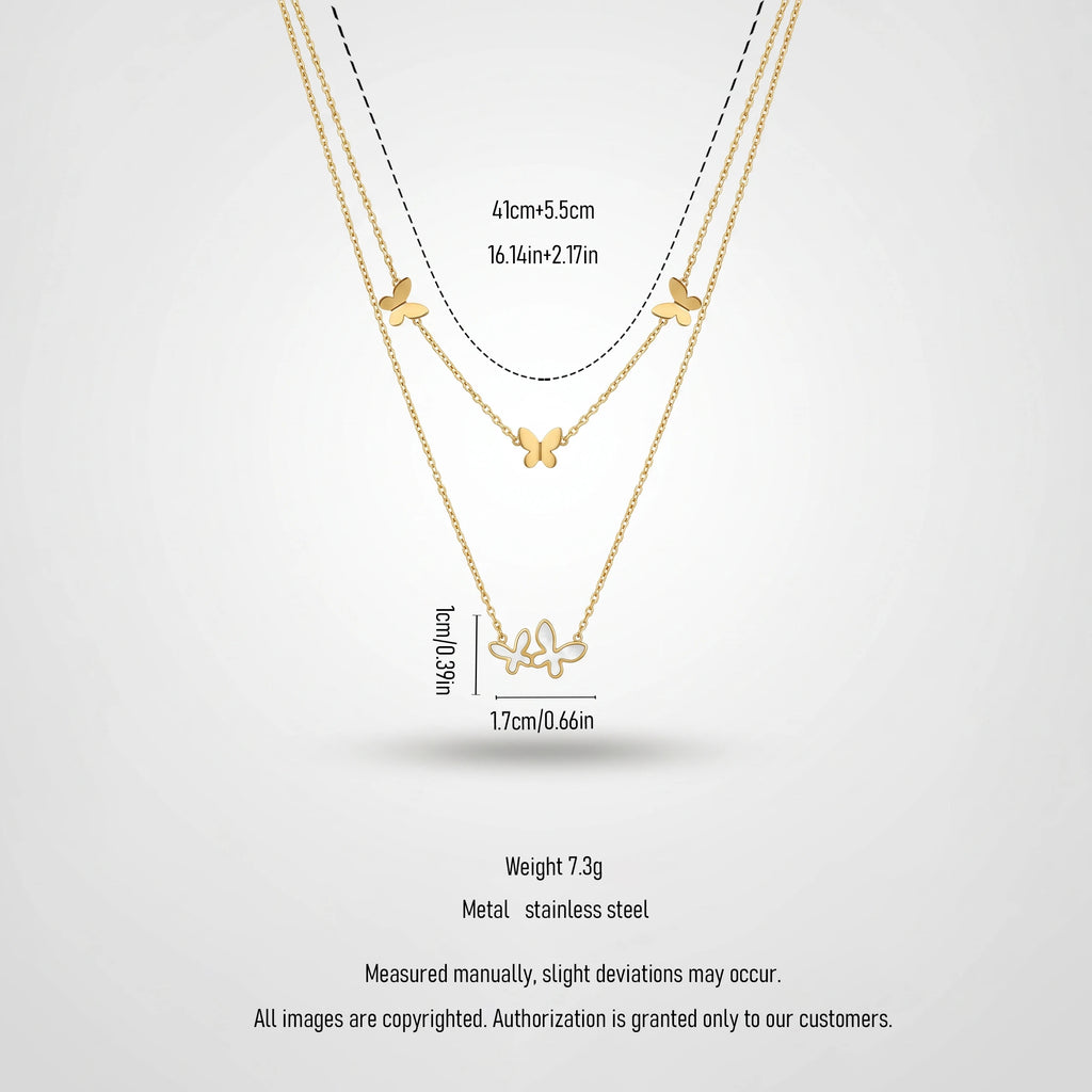 QIAOREN 13937 Double Layer Thin Chain Butterfly Pendant Necklace with Solid Butterflies & Intertwined Mother of Pearl Butterfly