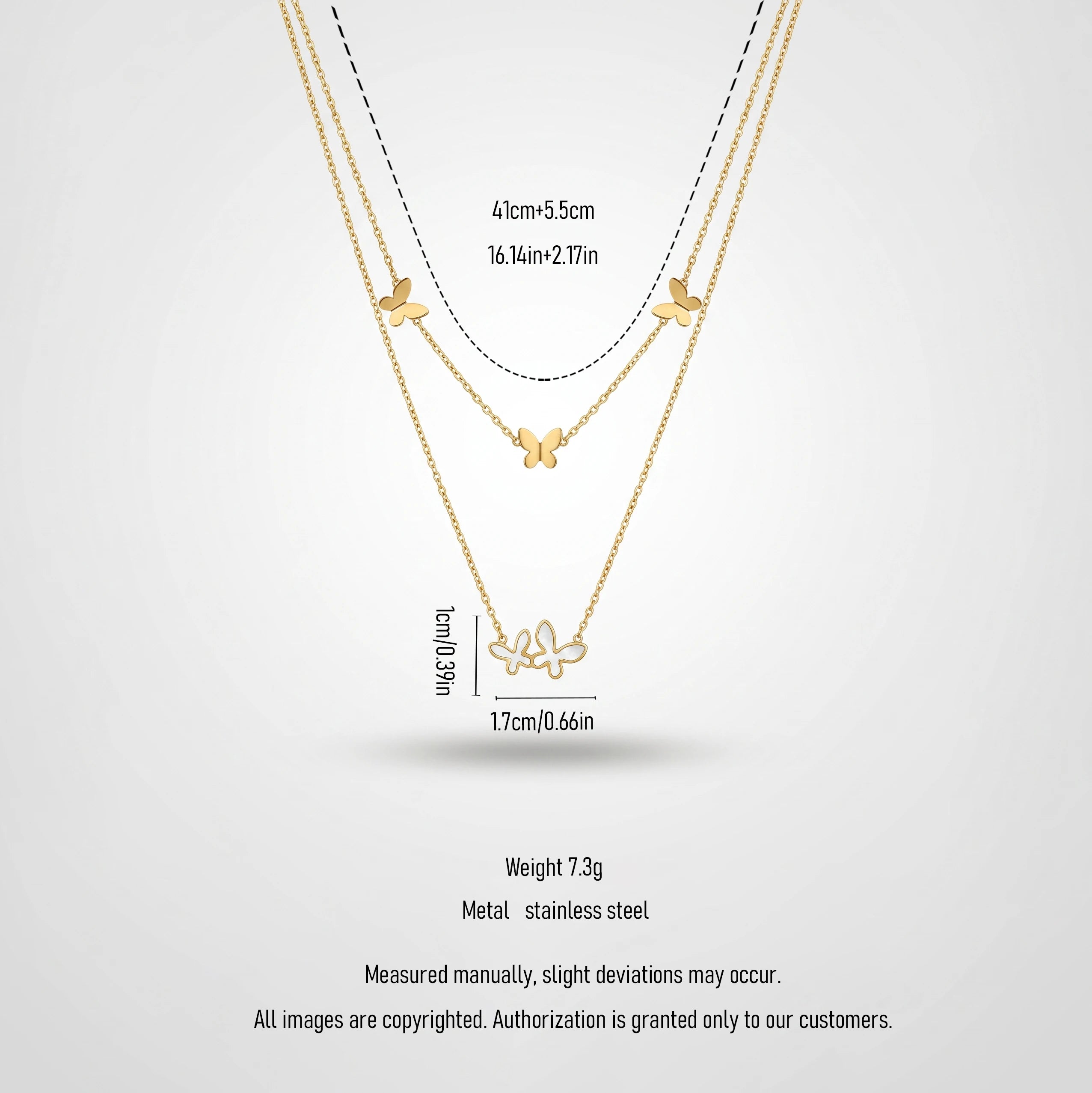QIAOREN 13937 Double Layer Thin Chain Butterfly Pendant Necklace with Solid Butterflies & Intertwined Mother of Pearl Butterfly