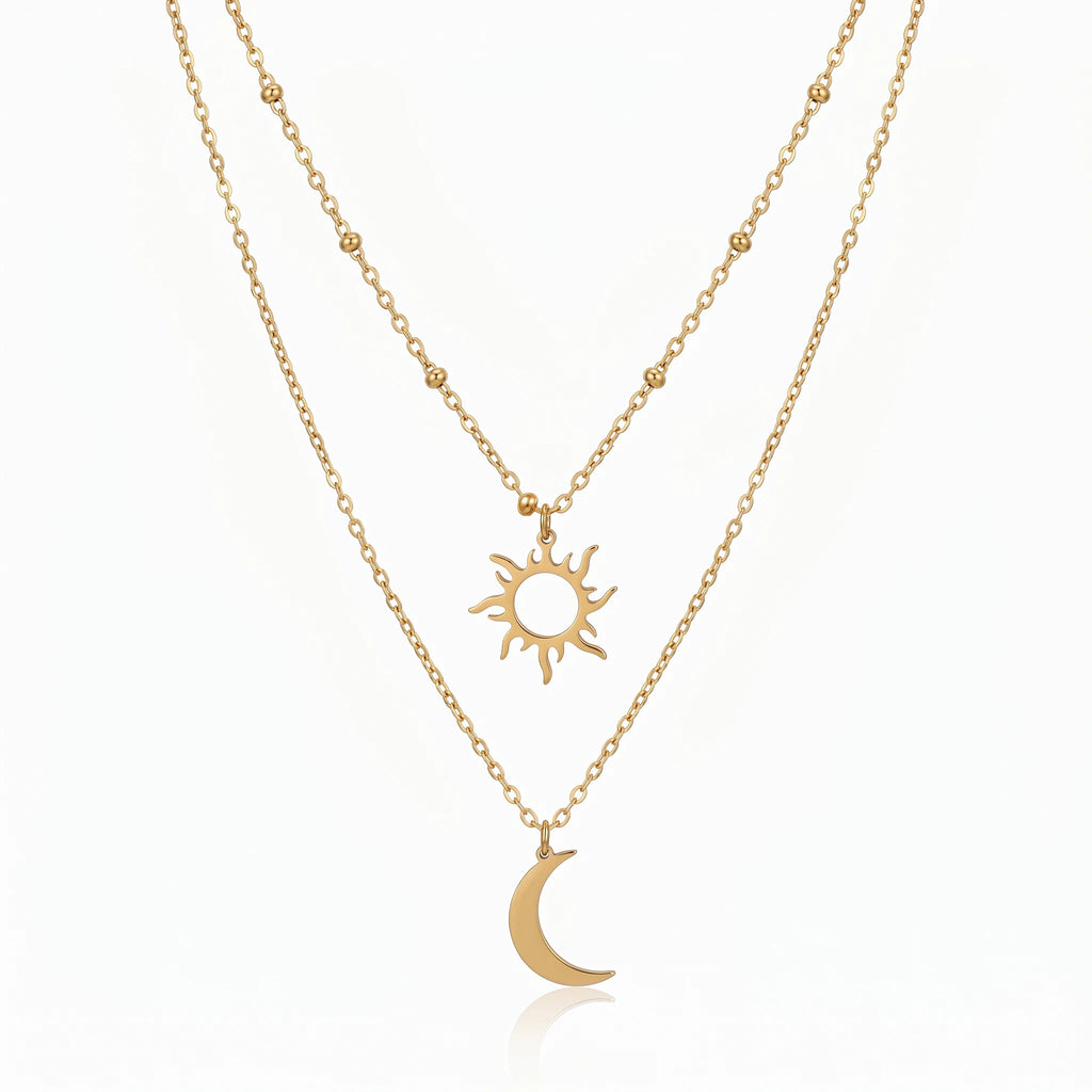 QIAOREN 10649 Boho Style Sun Crescent Moon Layered Link Chain Necklace 18K Gold Plated Stainless Steel Nickel-Free Jewelry