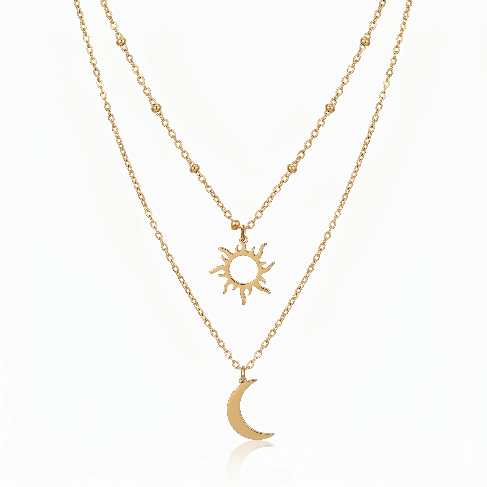 QIAOREN 10649 Boho Style Sun Crescent Moon Layered Link Chain Necklace 18K Gold Plated Stainless Steel Nickel-Free Jewelry