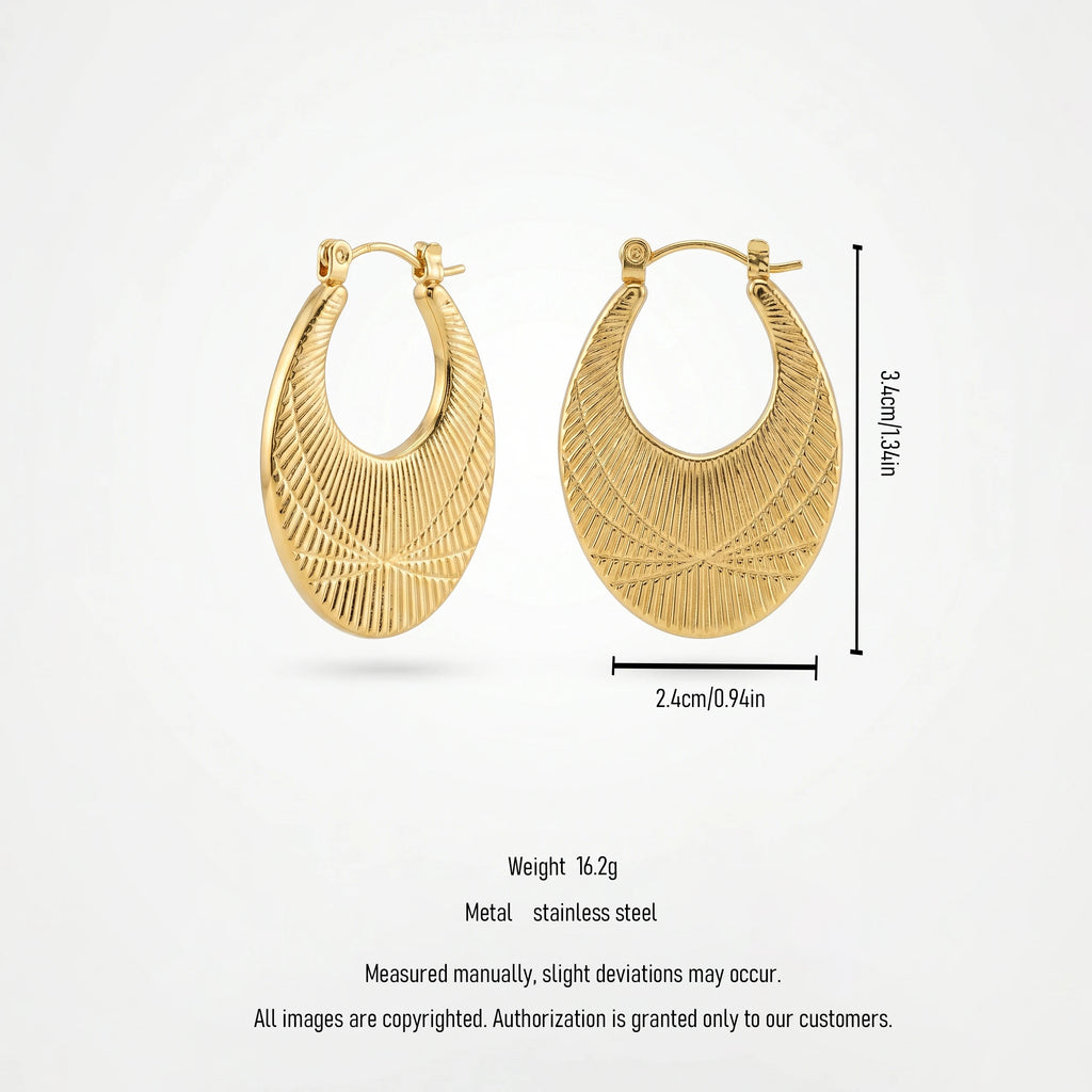 QIAOREN 12493  Sunburst Oval Hoop Earrings Gold Stainless Steel Textured Wide Ray Hoops Women Statement Jewelry US