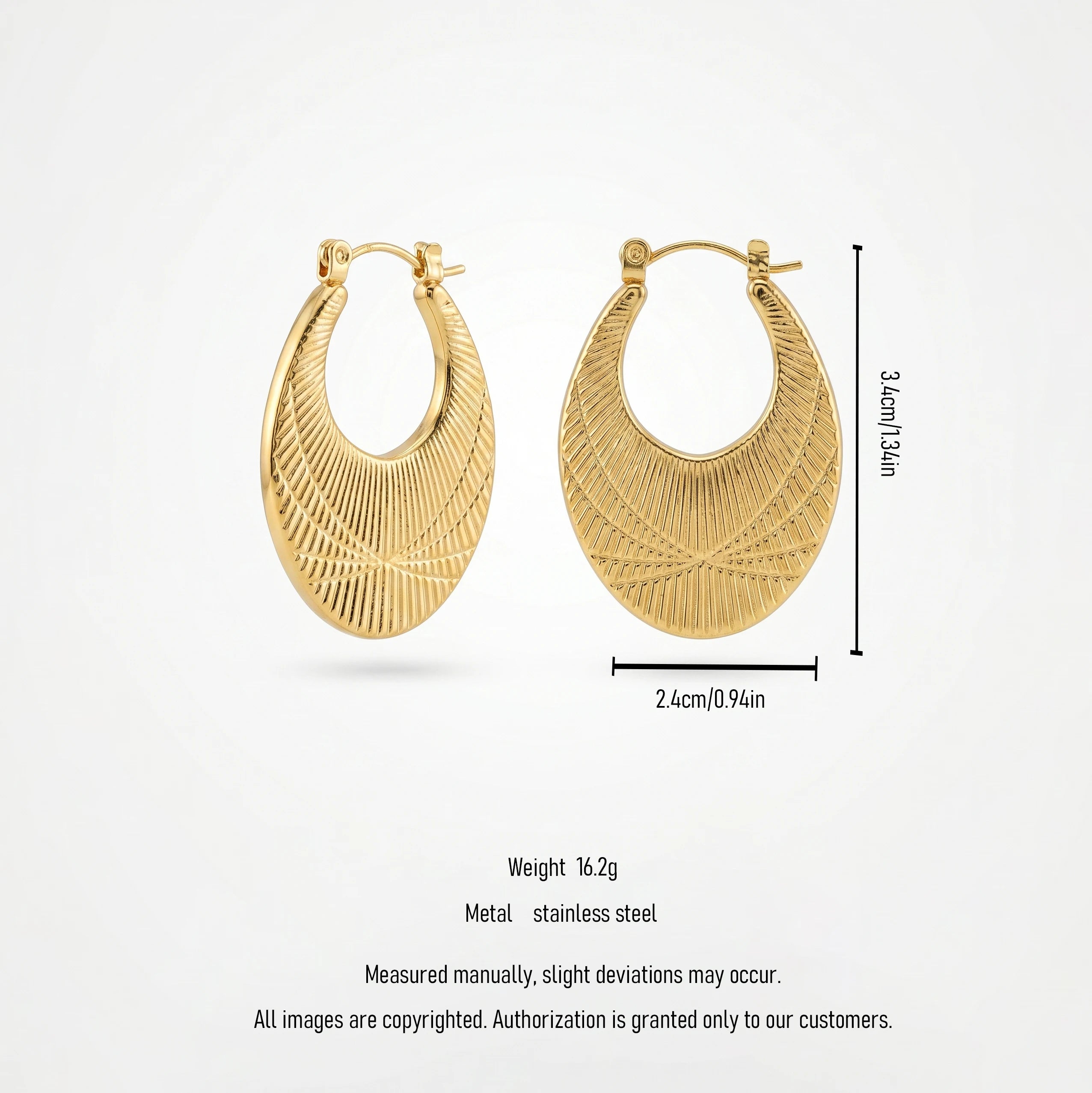 QIAOREN 12493  Sunburst Oval Hoop Earrings Gold Stainless Steel Textured Wide Ray Hoops Women Statement Jewelry US