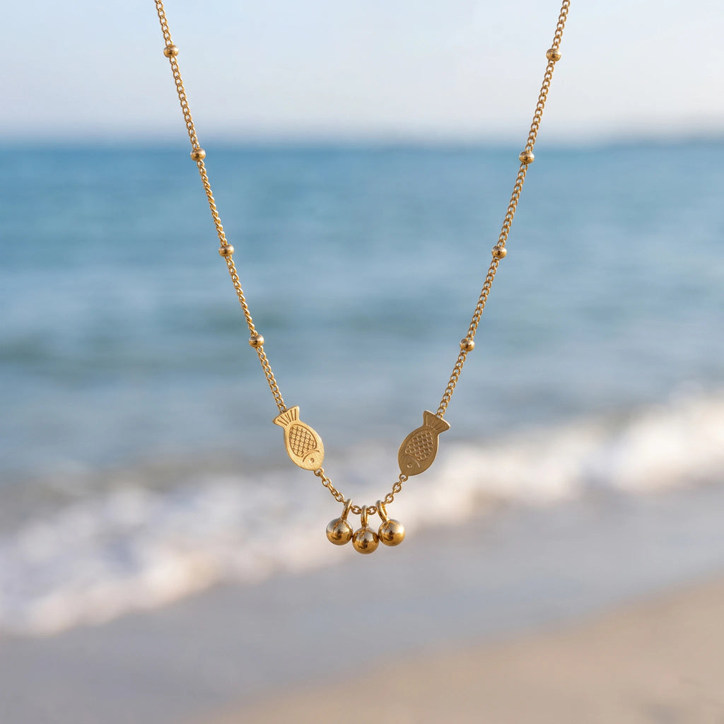 QIAOREN 13992 Beaded Cable Chain Pendant Necklace with Two Textured Fish Charms and Dangling Smooth Round Beads