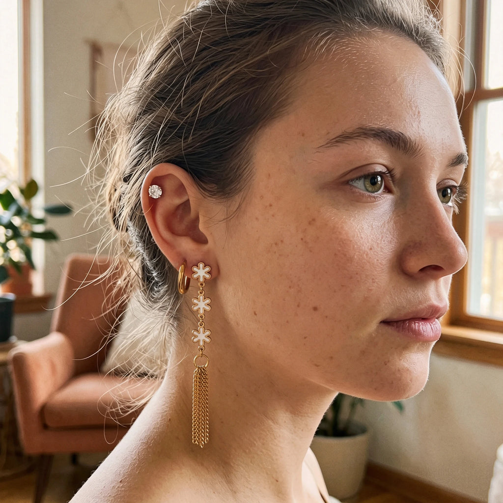 QIAOREN 14491White Enamel Flower Tassel Stainless Steel Long Drop Earring Set, Gold Multi Pair Earring Pack Jewelry Gift