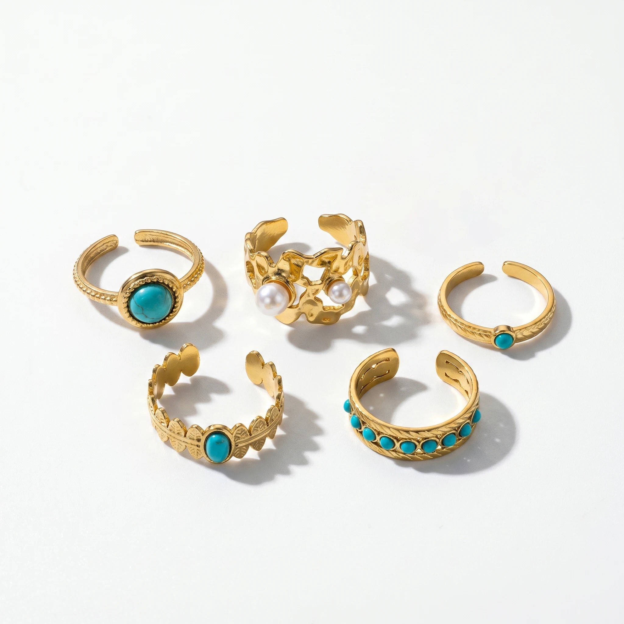 QIAOREN 5Pcs Gold Stainless Steel Turquoise Open Ring Set Irregular Hammered Crown Adjustable Boho Stackable Rings