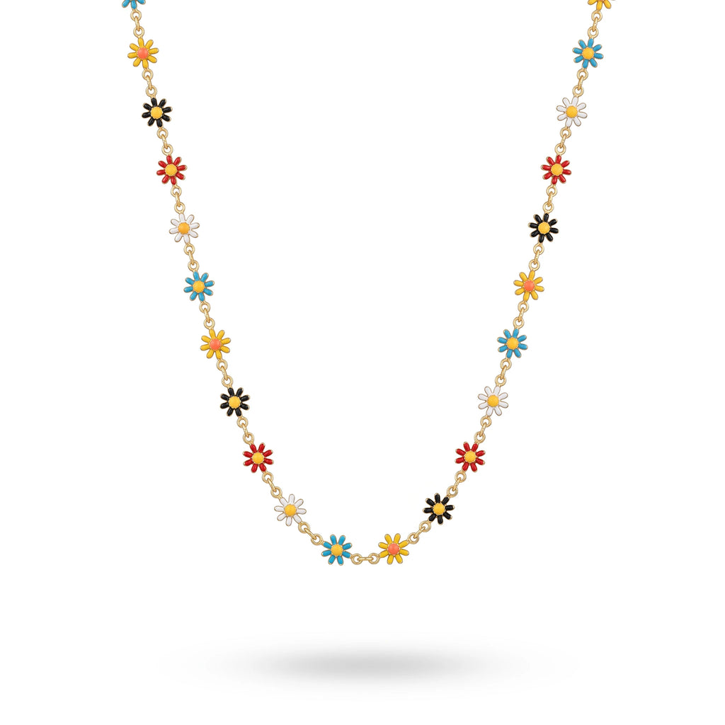 QIAOREN 13467 Colorful Enamel Daisy Flower Chain Necklace, Cute Floral Neck Jewelry with Multi Color Mini Daisy Charms