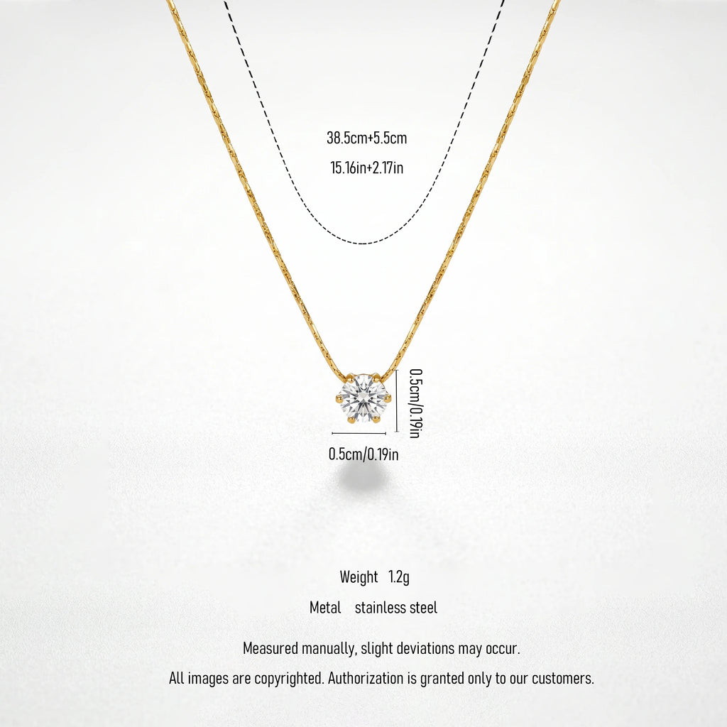 QIAOREN 13169 Stainless Steel Round Cut CZ Solitaire Necklace Gold Plated Minimalist Dainty Pendant Jewelry for Women