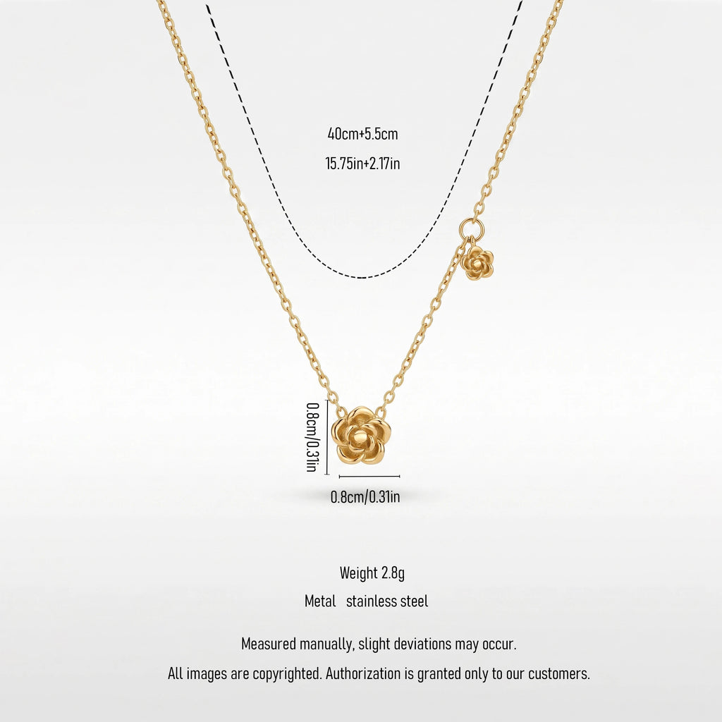 QIAOREN 13743 Thin Cable Chain Necklace with Two Hollow Layered Flower Charms Inlaid Single Round Clear Zircon Jewelry