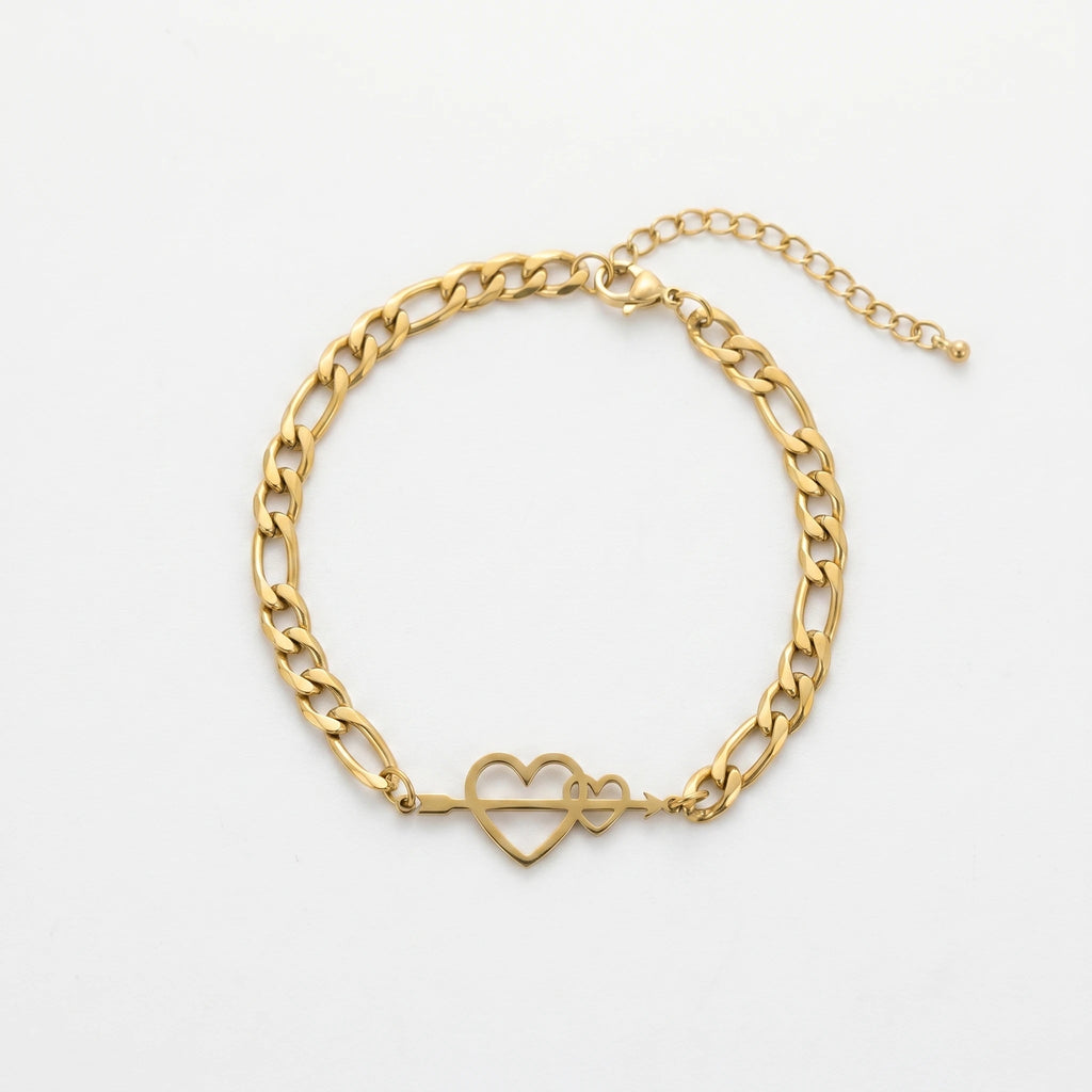 QIAOREN 11737 18K Gold Plated Stainless Steel Anti-Tarnish Cupid Heart Arrow Anklet Adjustable Cuban Foot Chain