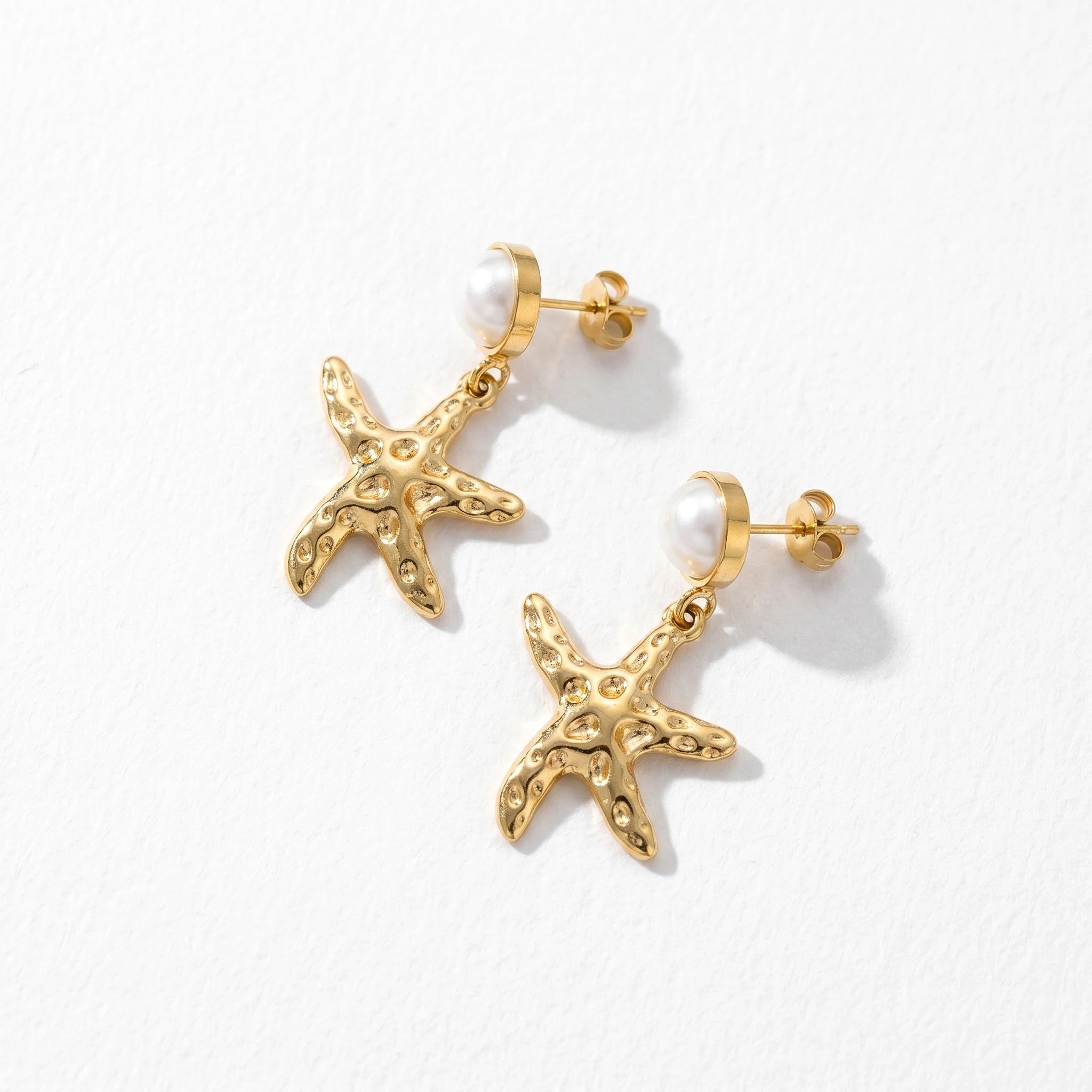 QIAOREN 13216 Gold Plated Pearl Starfish Drop Earrings for Women Stainless Steel Beach Coastal Fashion Jewelry