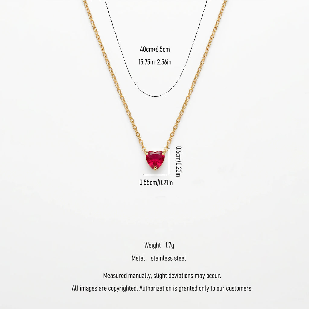 QIAOREN13555-66StainlessSteel 12Birthstone Heart Necklace Colorful Gemstone Pendant Personalized Birthday Jewelry Gift for Women