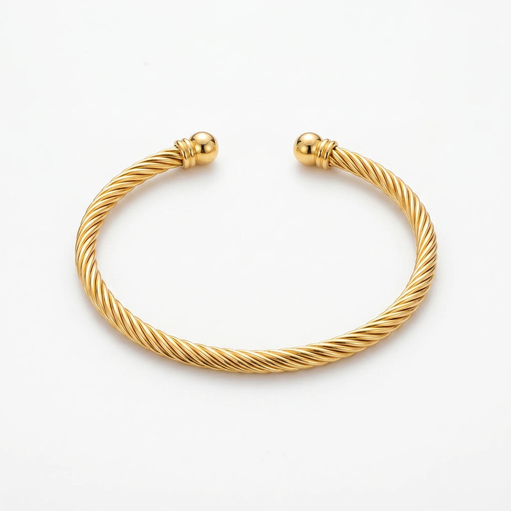 QIAOREN 10723 Trendy Rope Twist Pattern Chain & Link Bracelet 18K Gold Plated Stainless Steel Adjustable Unisex Everyday Staple