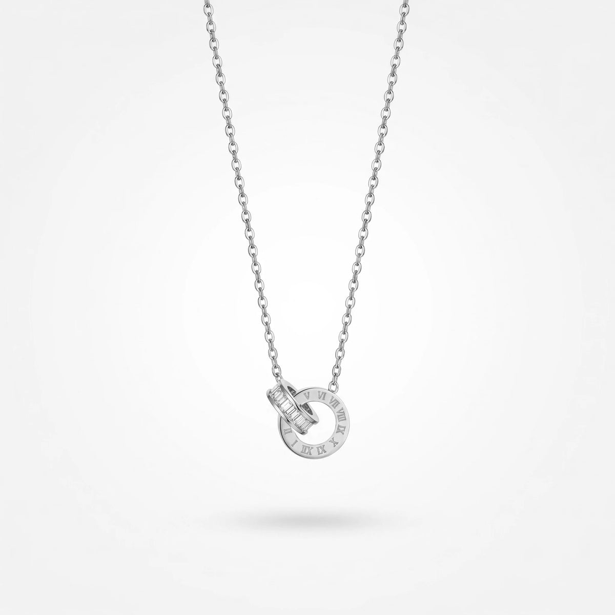 QIAOREN 13175 Stainless Steel Roman Numeral Interlocking Ring Pendant Necklace Gold Plated Minimalist Circle Jewelry for Women