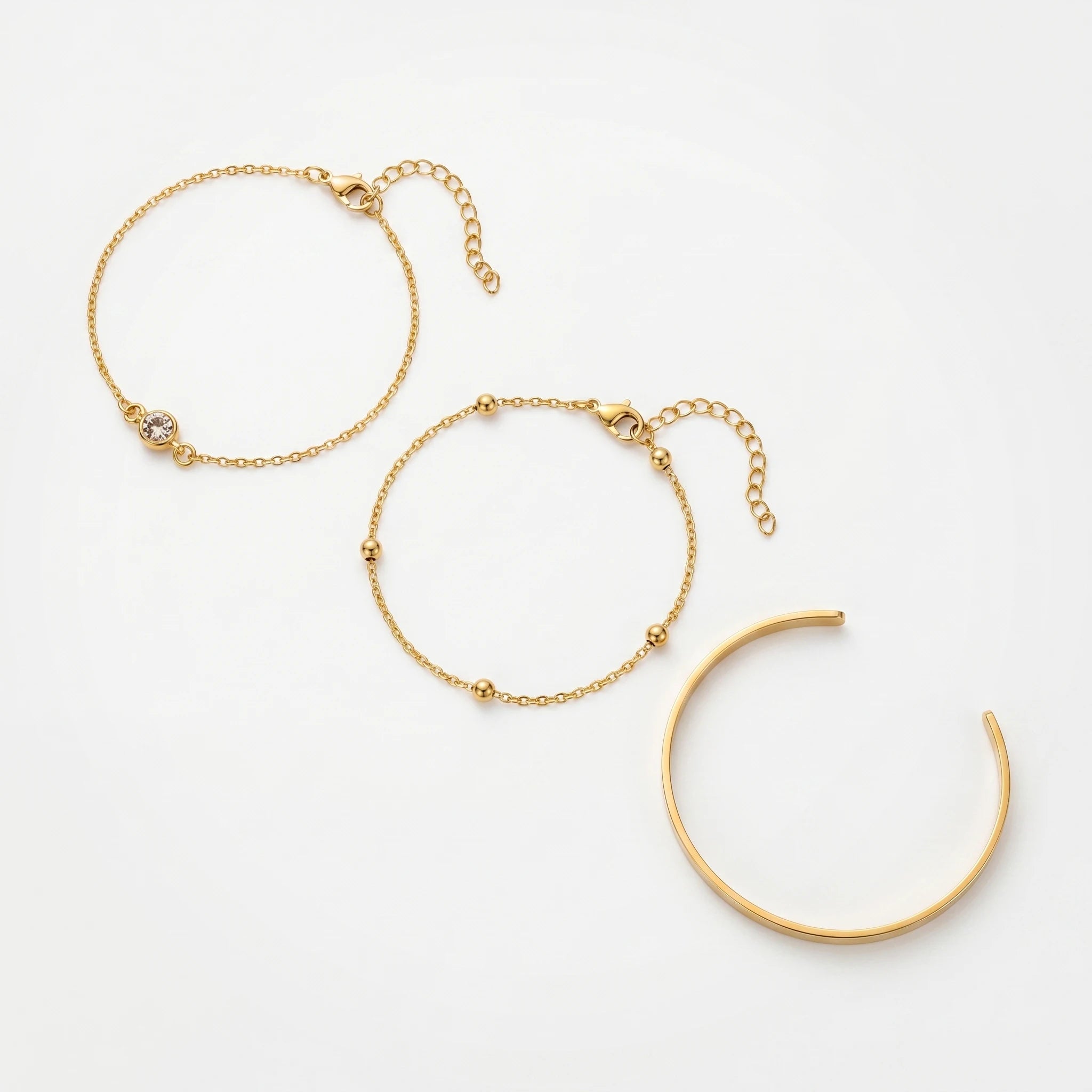 QIAOREN 10604 3 Pieces Classic Geometric Stackable Bracelet Set 18K Gold Plated Stainless Steel Chain Link Waterproof