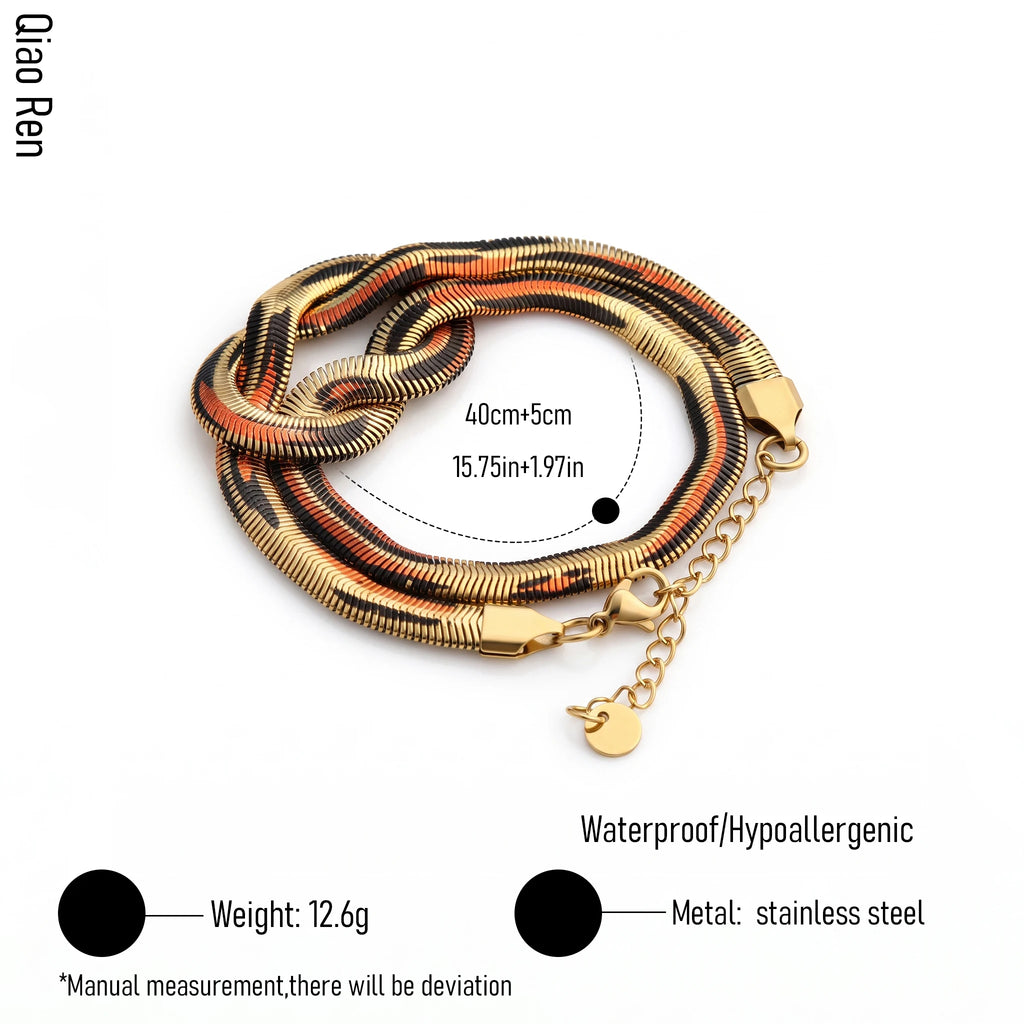 QIAOREN 13849-50 Stainless Steel Two Tone Knot Snake Chain Bracelet Waterproof Hypoallergenic Statement Jewelry Women