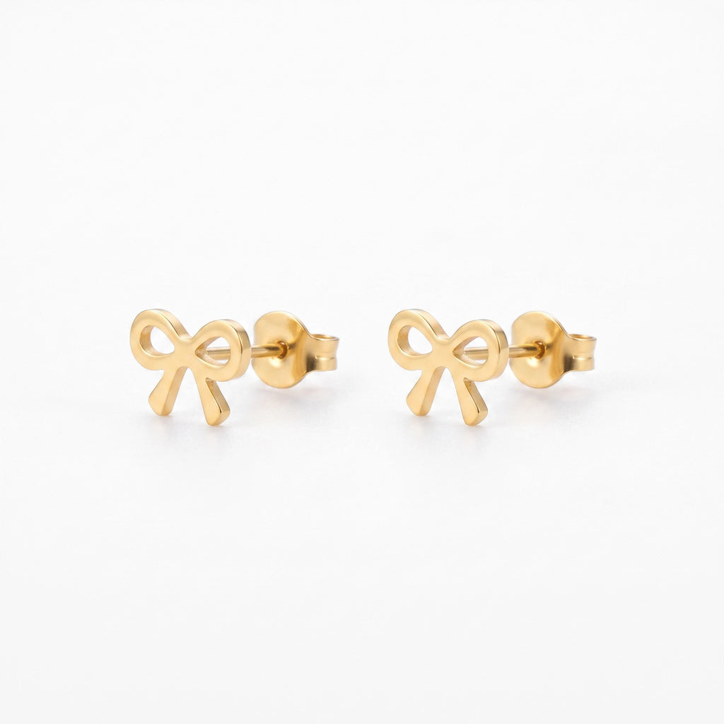 QIAOREN 13251 3 PCS Set 18K Gold Plated Stainless Steel 3 Pairs Bow & Zircon Stud Earrings Set Minimalist Hollow Solid Bow CZ