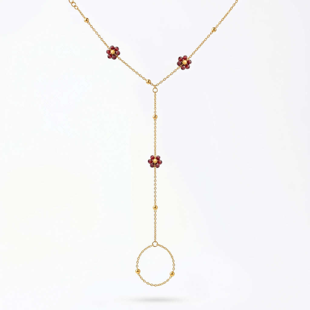 QIAOREN 10763 Dainty Red Beaded Flower Stainless Steel Finger Chain Bracelet Hand Chain for Summer