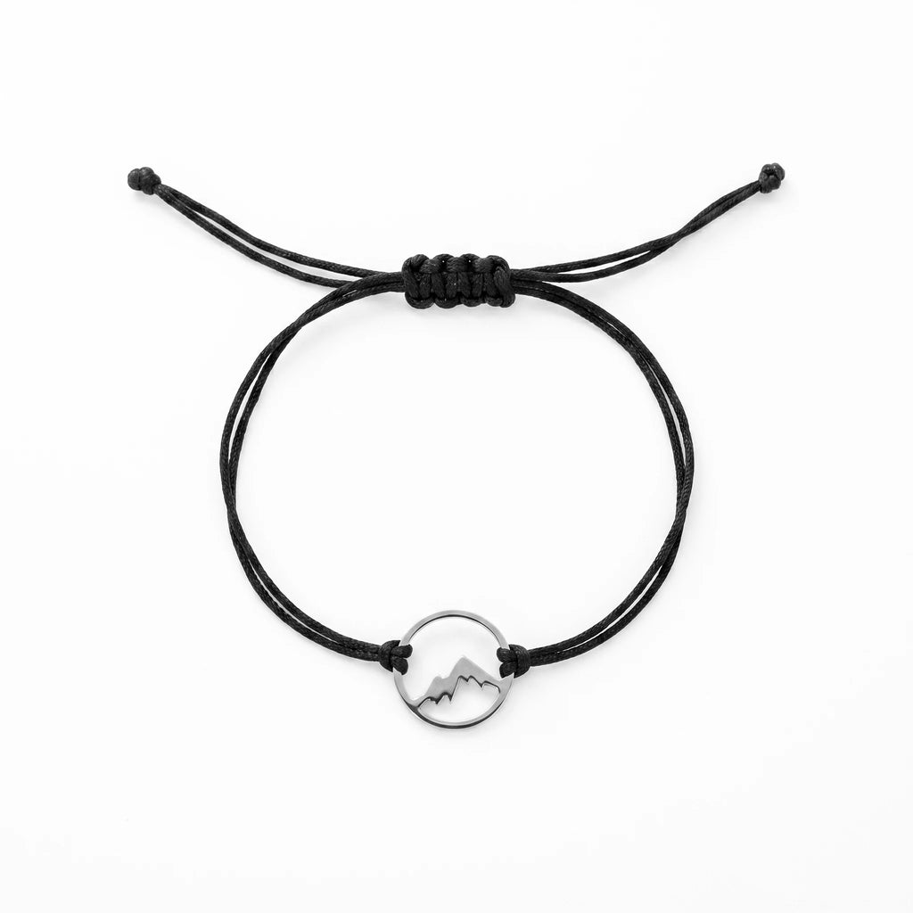 QIAOREN 12769 Stainless Steel Gold Mountain Circle Pearl Charm Women's Black Adjustable Rope Cord Minimal Outdoor Wrist Jewelry