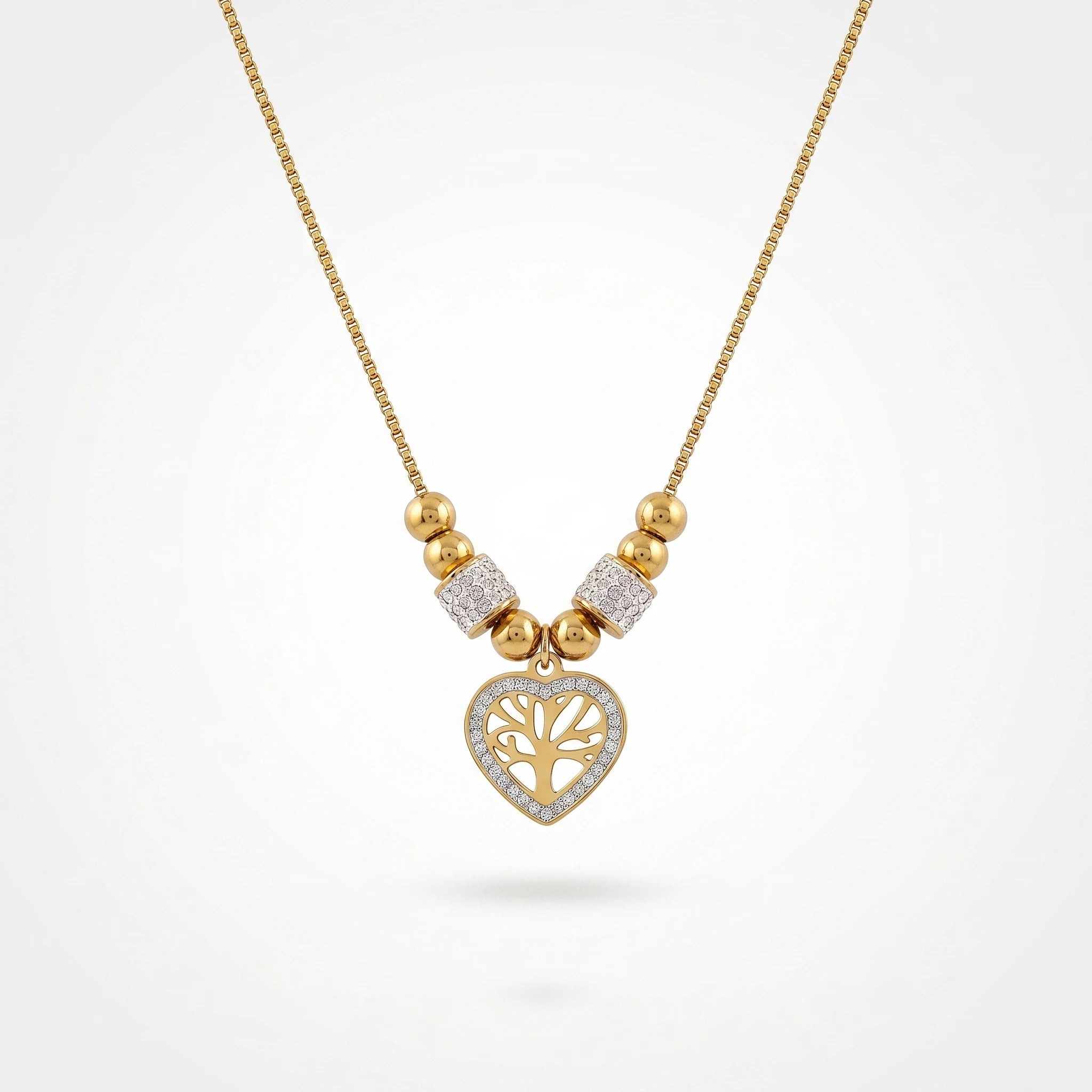 QIAOREN 13809 Thin Box Chain Pendant Necklace with Round Ball Beads & Two Paved CZ Tube Spacers, Hollow Heart Frame Life