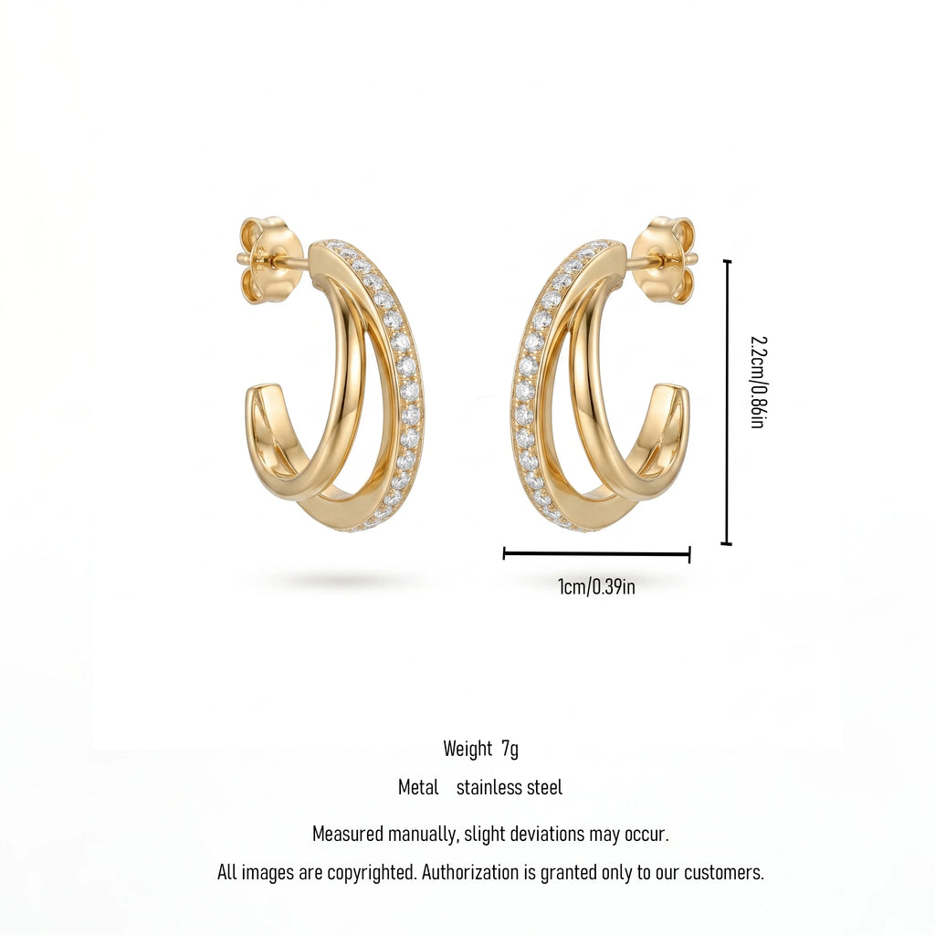 QIAOREN 12313 Trendy CZ Pave Double Hoop Earrings Gold Stainless Steel Stacked Layered C Shape Half Hoops Jewelry Women US EU
